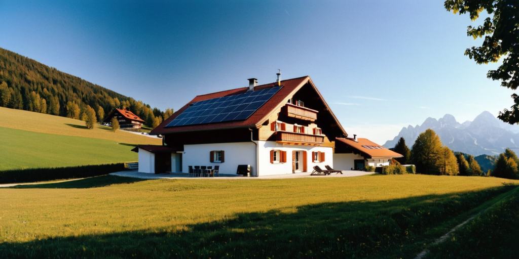 Nachhaltiges Einfamilienhaus mit Solarmodulen und Stromspeicher für ganzheitliche Photovoltaik-Lösungen.