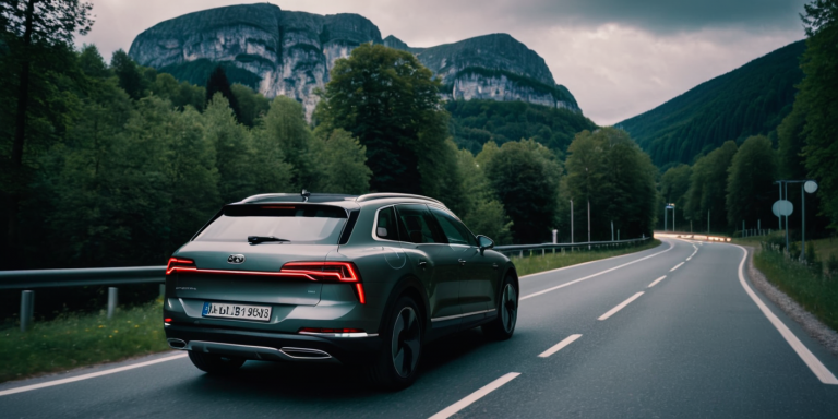 Elektroauto auf einer zweispurigen Landstraße in Deutschland in den Alpen unterwegs