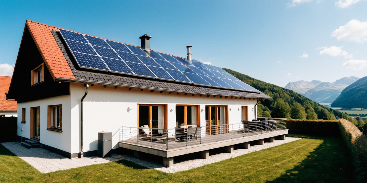 weißes Haus mit schicker Terrasse und PV-Anlage