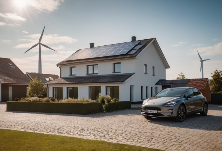 Hochmoderne schwarze Solarmodule auf einem Hausdach unter strahlend blauem Himmel, symbolisiert saubere Energie und Effizienz