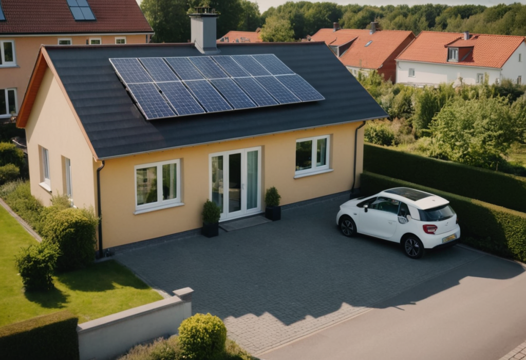 modernes Einfamilienhaus mit ästhetisch integrierter Photovoltaik, passend für kompakte Solarmodule unter 2m².