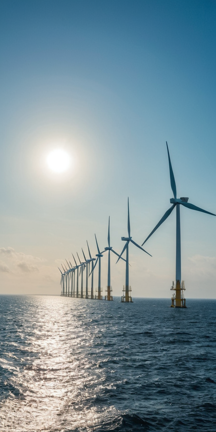 off-shore Windpark auf der Nordsee bei strahlendem Sonnenschein