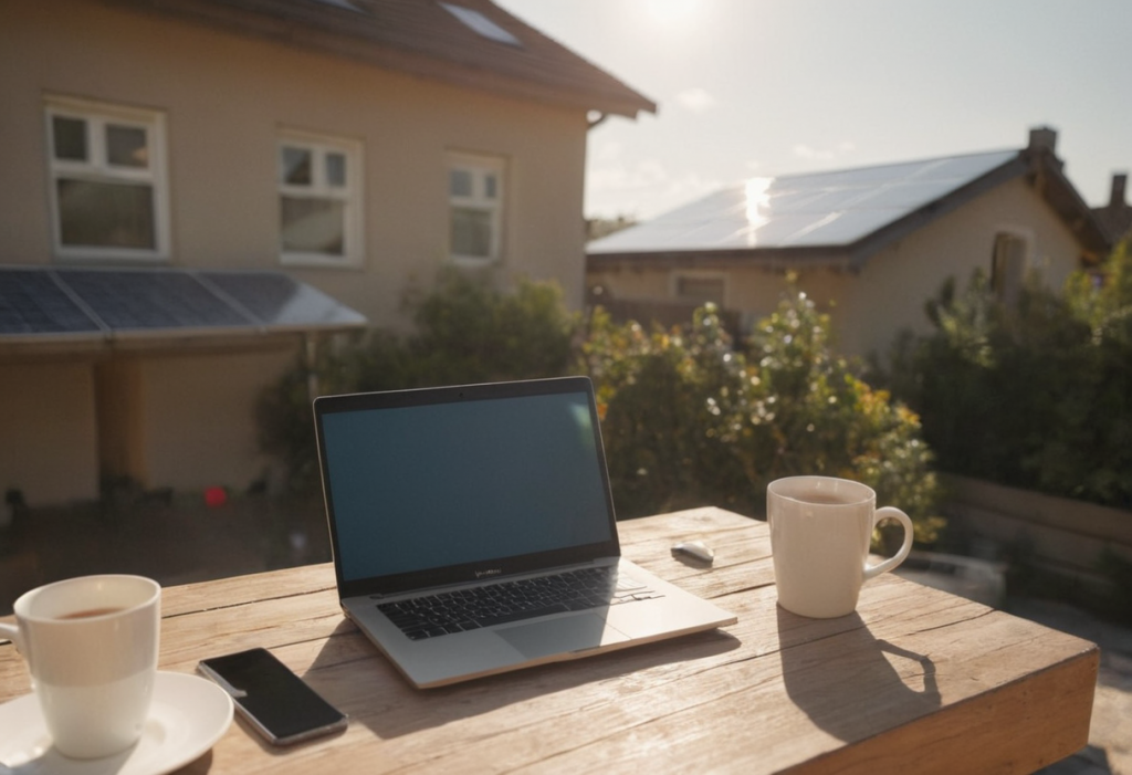 Laptop Kaffee und Solaranlage