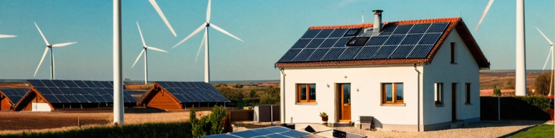 Haus und Windräder mit Einfamilienhaus und Solaranlage